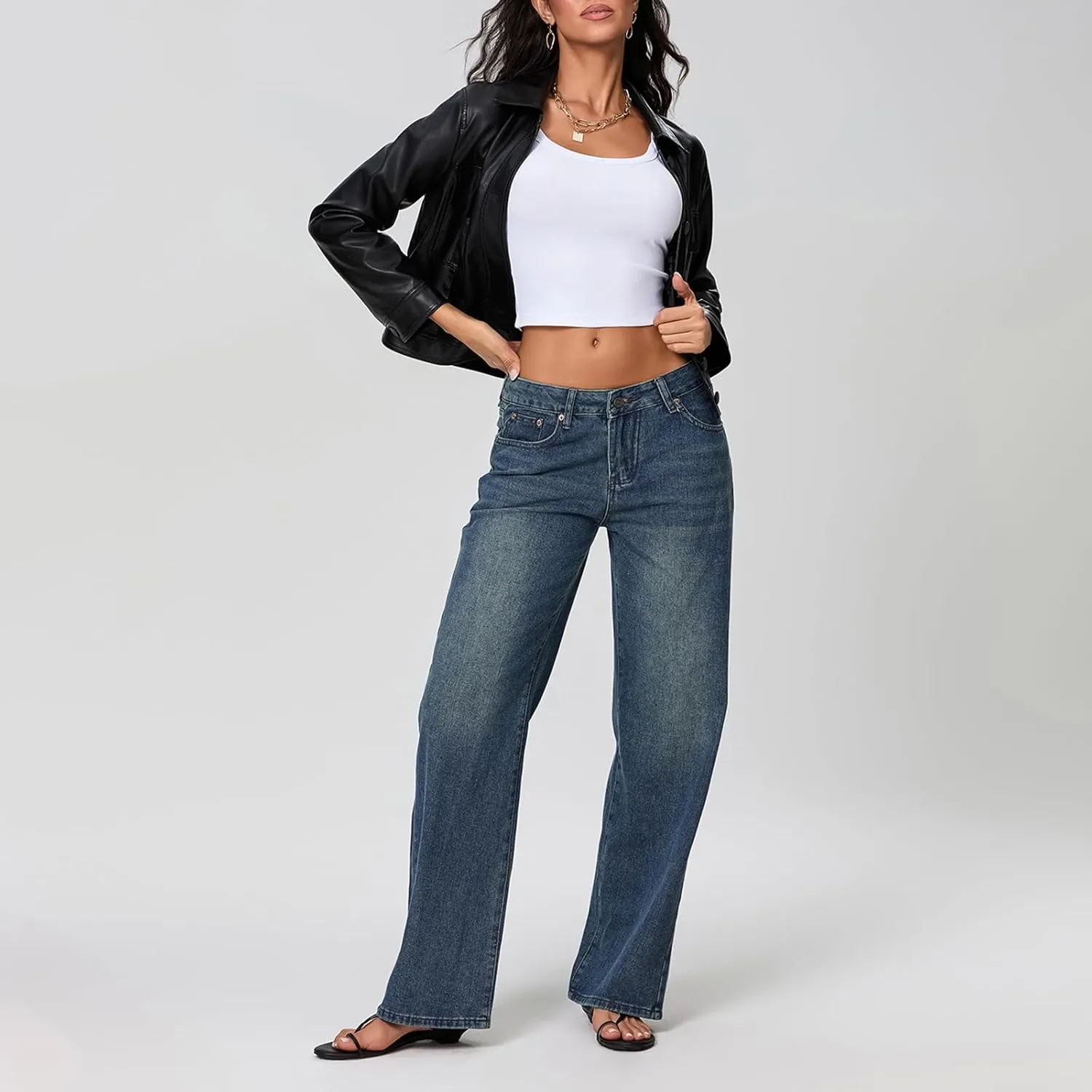Women Y2k Low Rise Baggy Jeans Loose Fit Boyfriend Straight Wide Leg Jeans Trendy Stretch Long Denim Pants