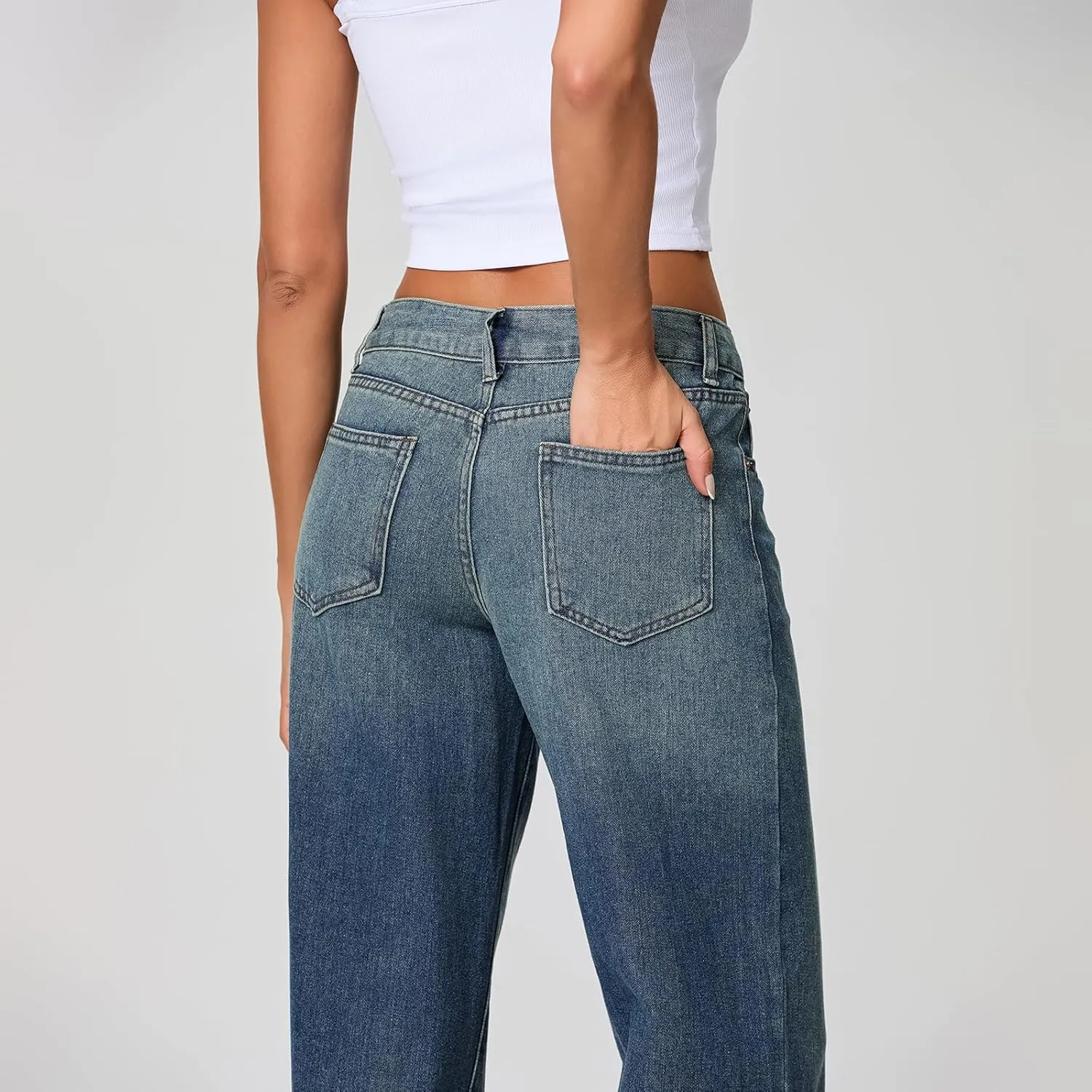 Women Y2k Low Rise Baggy Jeans Loose Fit Boyfriend Straight Wide Leg Jeans Trendy Stretch Long Denim Pants