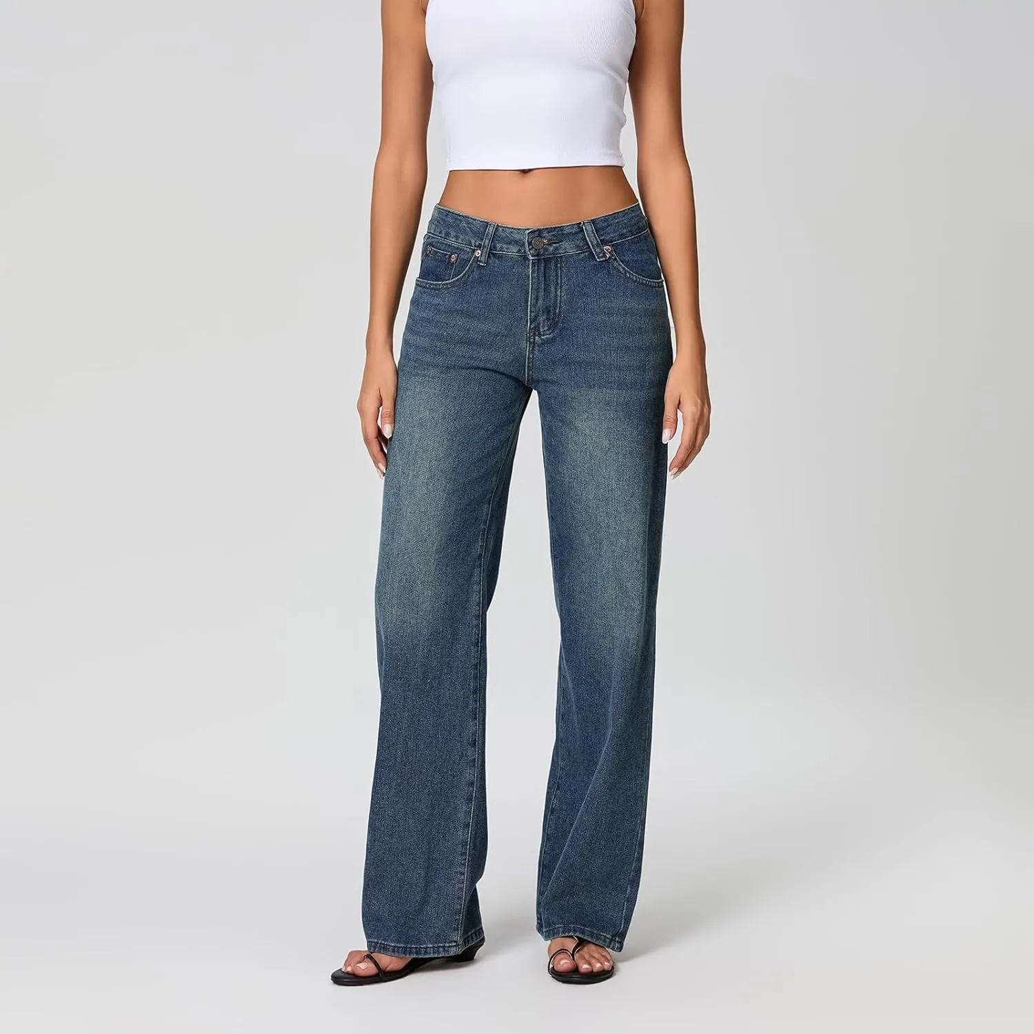 Women Y2k Low Rise Baggy Jeans Loose Fit Boyfriend Straight Wide Leg Jeans Trendy Stretch Long Denim Pants