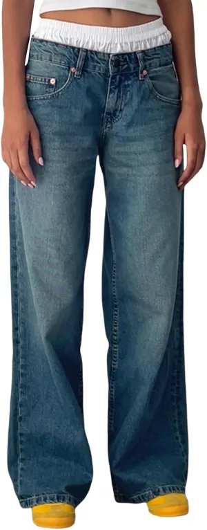 Women Y2k Low Rise Baggy Jeans Loose Fit Boyfriend Straight Wide Leg Jeans Trendy Stretch Long Denim Pants