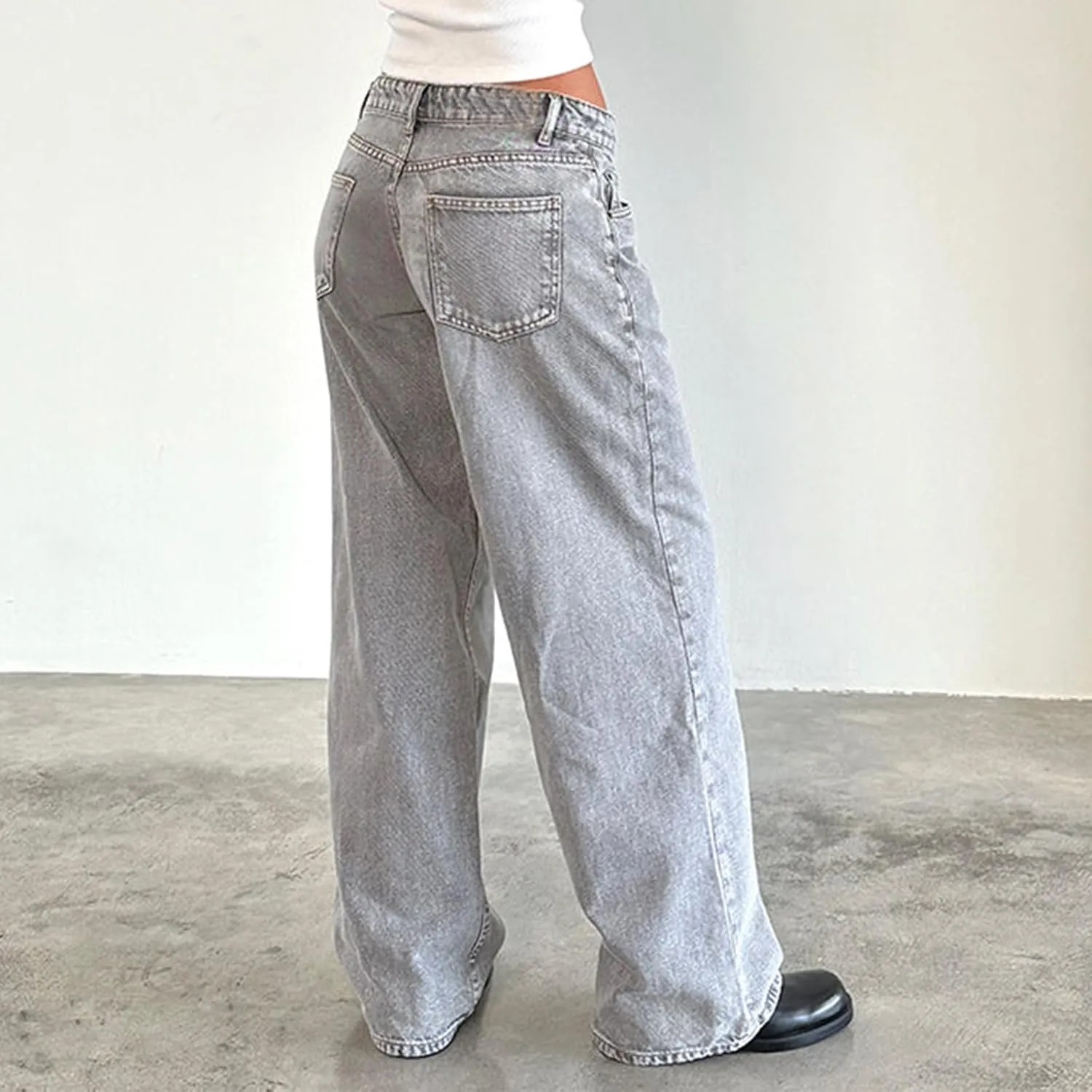 Women Y2k Low Rise Baggy Jeans Loose Fit Boyfriend Straight Wide Leg Jeans Trendy Stretch Long Denim Pants