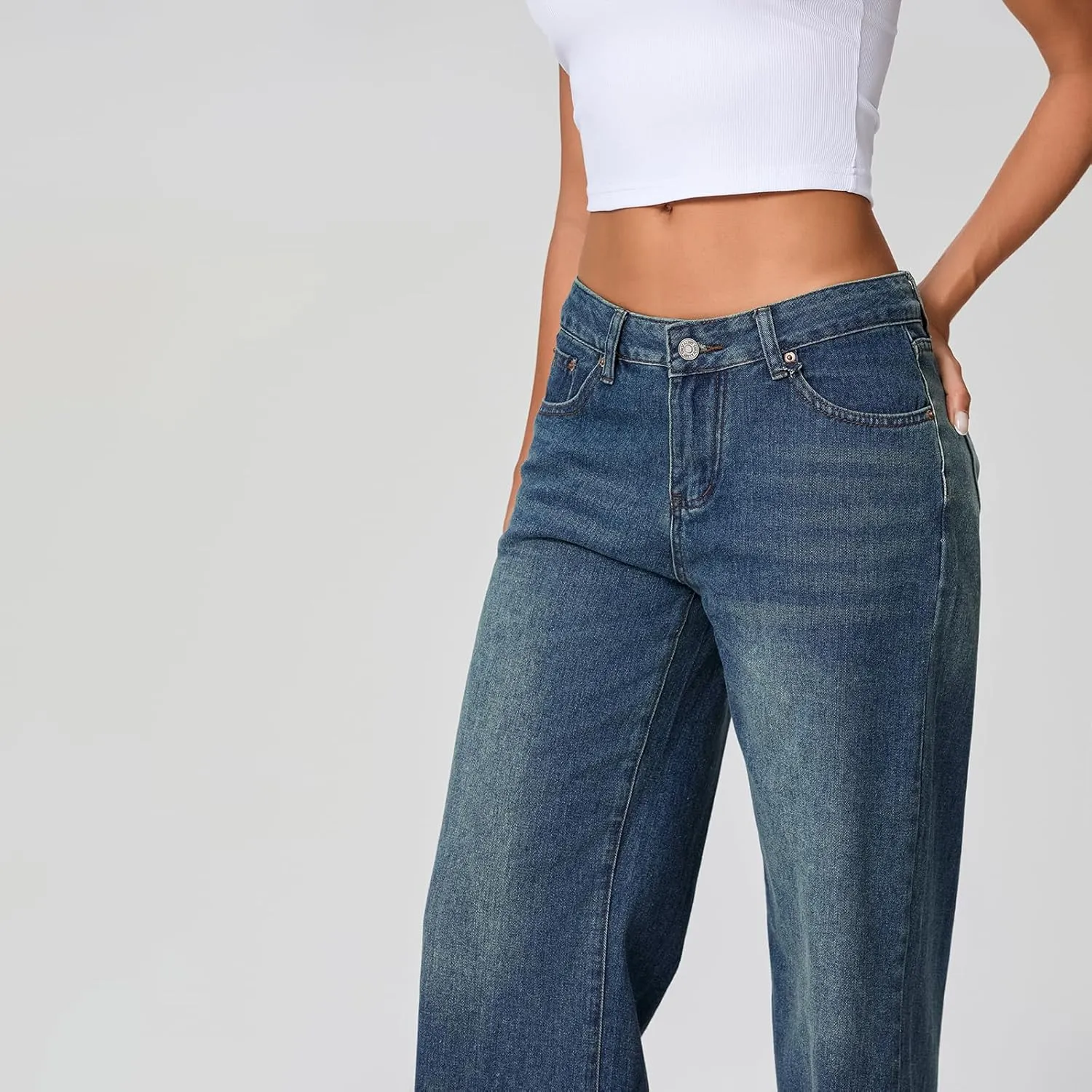 Women Y2k Low Rise Baggy Jeans Loose Fit Boyfriend Straight Wide Leg Jeans Trendy Stretch Long Denim Pants