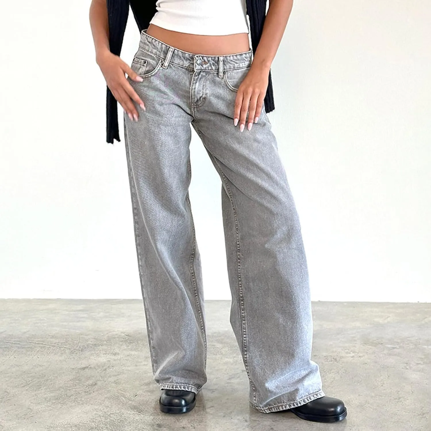 Women Y2k Low Rise Baggy Jeans Loose Fit Boyfriend Straight Wide Leg Jeans Trendy Stretch Long Denim Pants