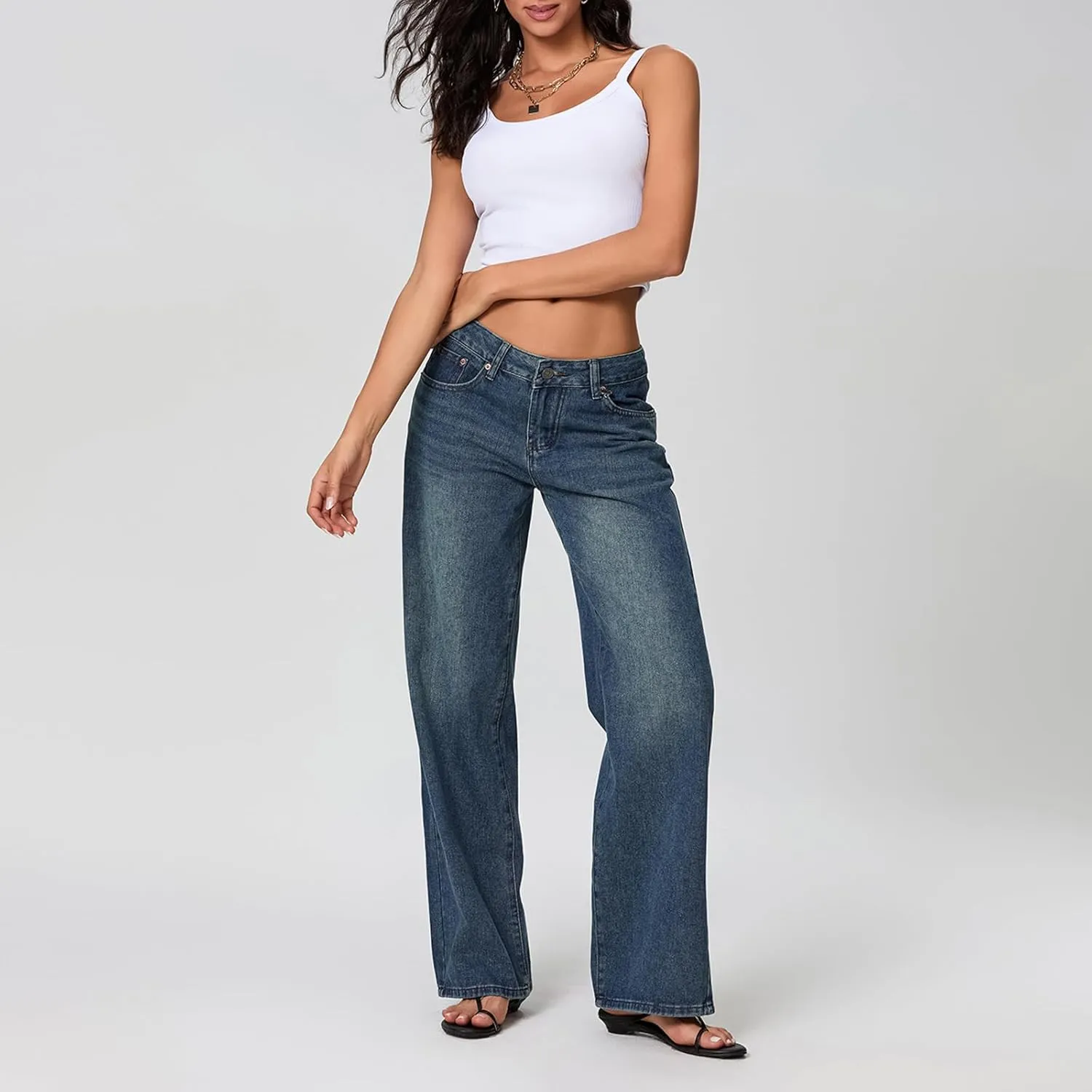 Women Y2k Low Rise Baggy Jeans Loose Fit Boyfriend Straight Wide Leg Jeans Trendy Stretch Long Denim Pants