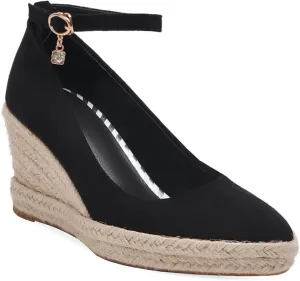 Womens Ankle Strap Espadrilles Wedge Shoes Pointed Toe Faux Suede Comfort Casual Platform Dress Pumps
