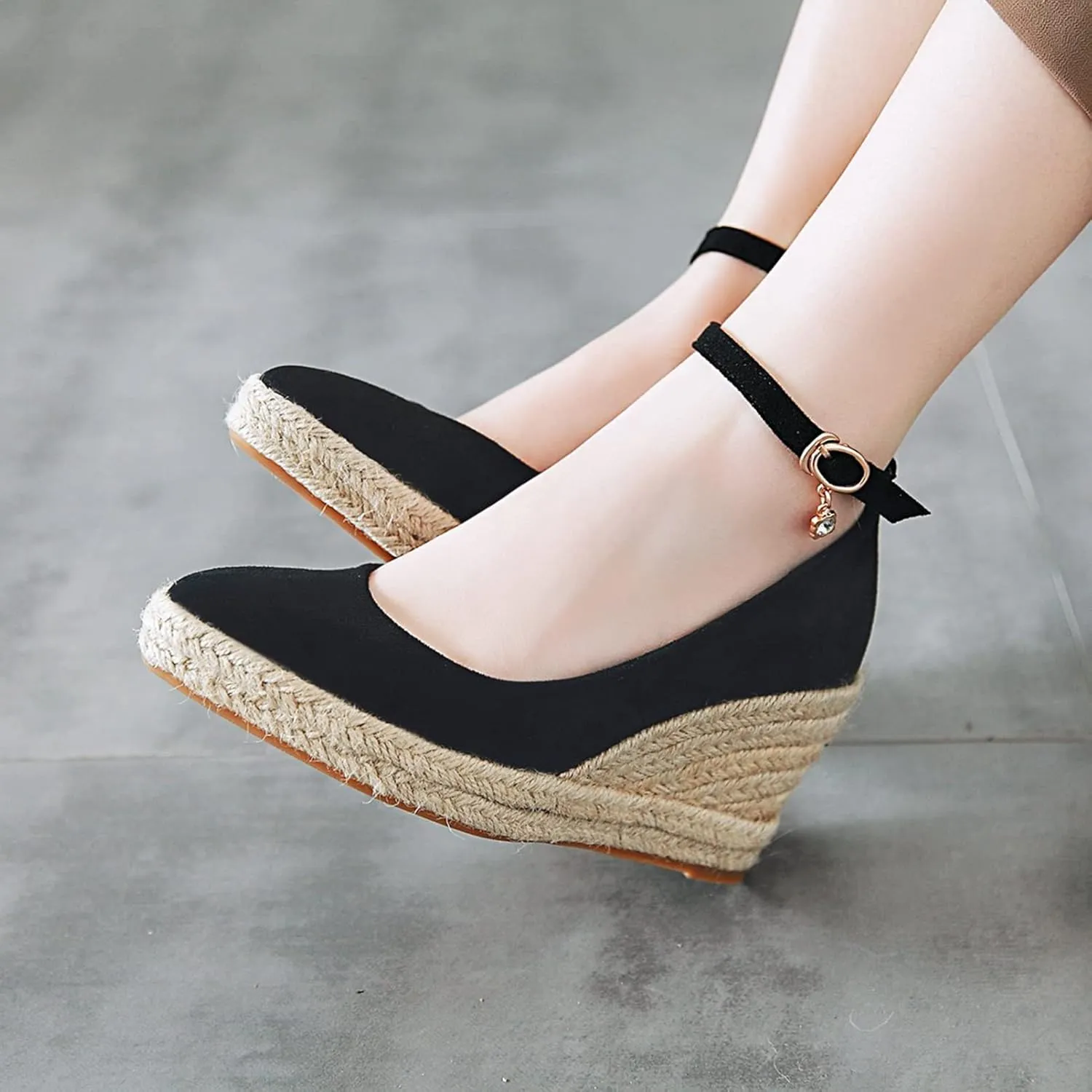 Womens Ankle Strap Espadrilles Wedge Shoes Pointed Toe Faux Suede Comfort Casual Platform Dress Pumps