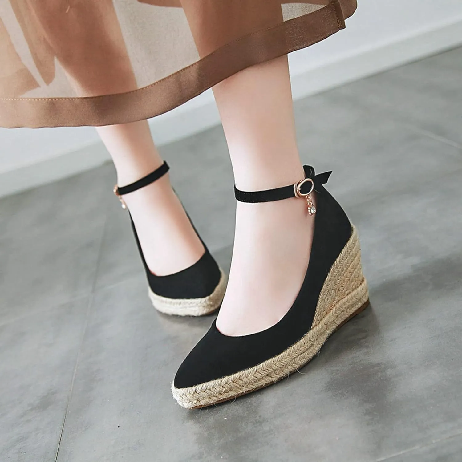 Womens Ankle Strap Espadrilles Wedge Shoes Pointed Toe Faux Suede Comfort Casual Platform Dress Pumps