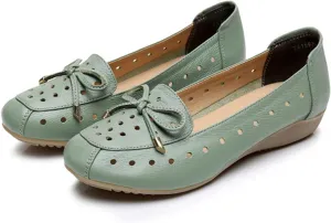 Women's Bow-Knot Hollow Flat Soft Leather Loafers,Fashion Breathable Spring and Summer Round Toe Slip On Casual Walking Shoes Nurse Flats Shoes