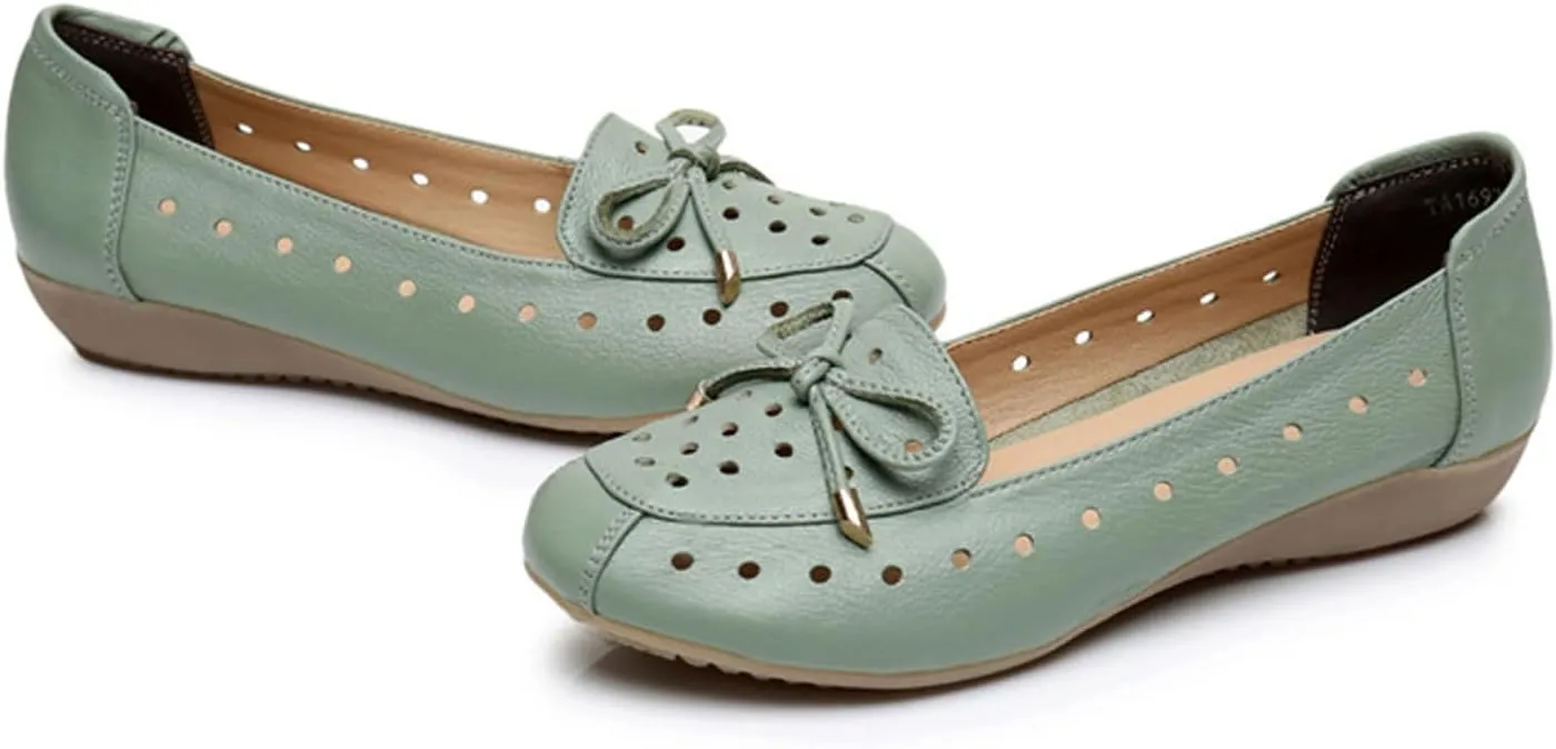 Women's Bow-Knot Hollow Flat Soft Leather Loafers,Fashion Breathable Spring and Summer Round Toe Slip On Casual Walking Shoes Nurse Flats Shoes