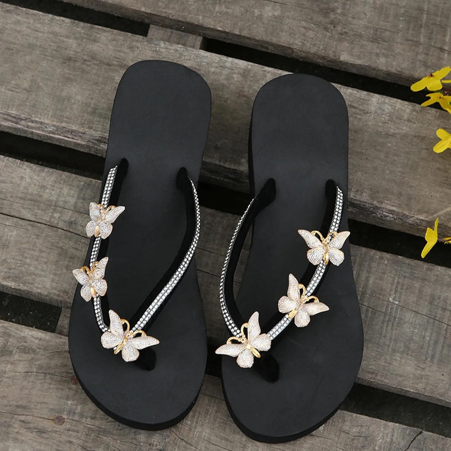 Womens Butterfly Rhinestone Flip Flop Sandals Summer Casual Thong Strap Clip Toe Wedge Heel Platform Slipper Comfortable Slip-on Beach Shoes