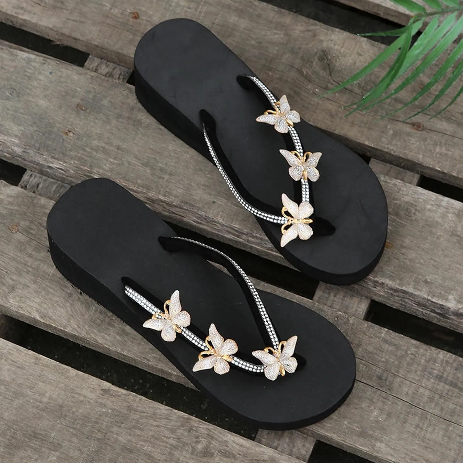 Womens Butterfly Rhinestone Flip Flop Sandals Summer Casual Thong Strap Clip Toe Wedge Heel Platform Slipper Comfortable Slip-on Beach Shoes