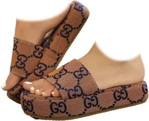 Women's Canvas Platform Slides Sandals Vintage Thread Edge Open Toe Slip On Comfortable and Non-Slip Slide Boho Sandals