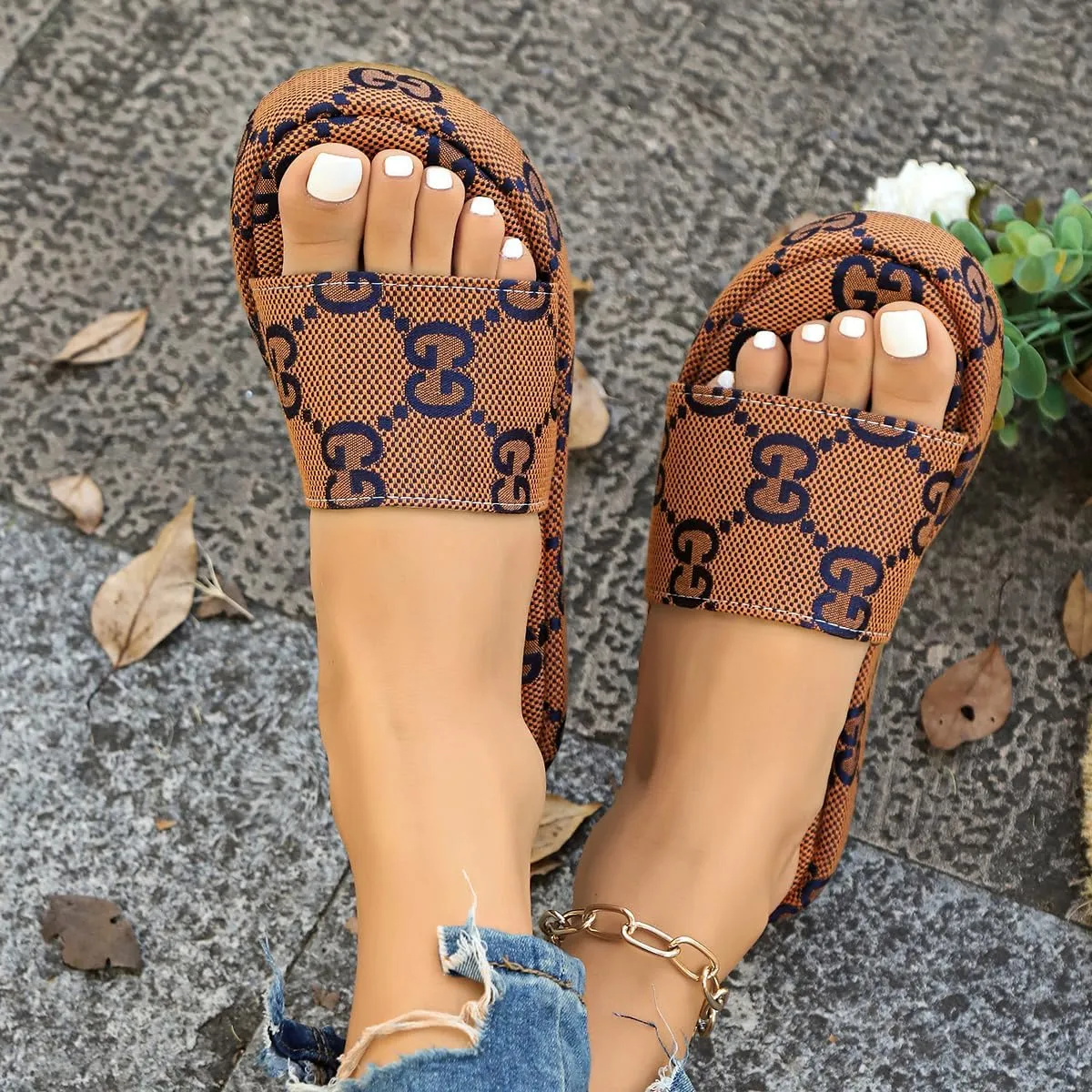 Women's Canvas Platform Slides Sandals Vintage Thread Edge Open Toe Slip On Comfortable and Non-Slip Slide Boho Sandals