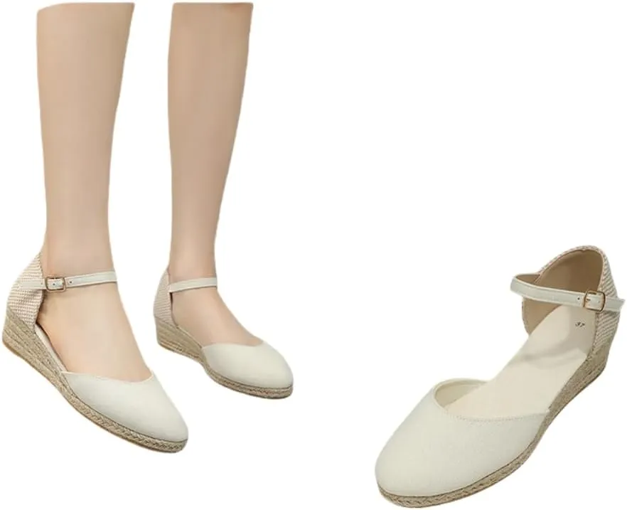 women's Casual sandals round toe buckle espadrille wedges