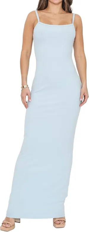 Womens Casual Slip Long Maxi Dress Spaghetti Strap Summer Vacation Ribbed Bodycon Lounge Dresses