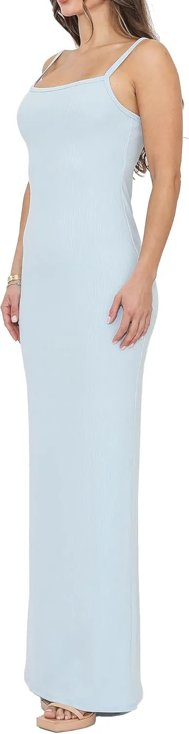 Womens Casual Slip Long Maxi Dress Spaghetti Strap Summer Vacation Ribbed Bodycon Lounge Dresses