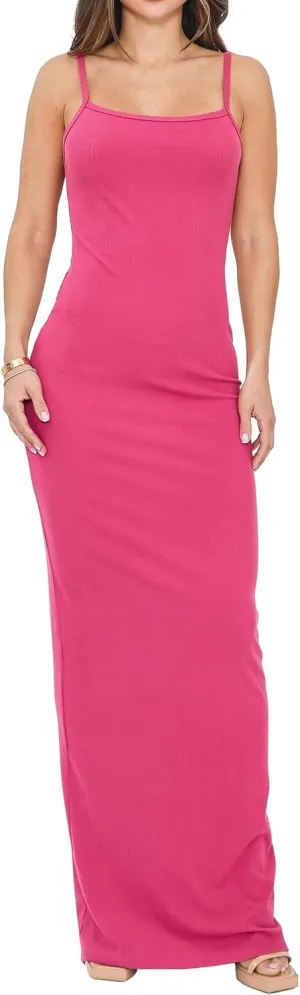 Womens Casual Slip Long Maxi Dress Spaghetti Strap Summer Vacation Ribbed Bodycon Lounge Dresses