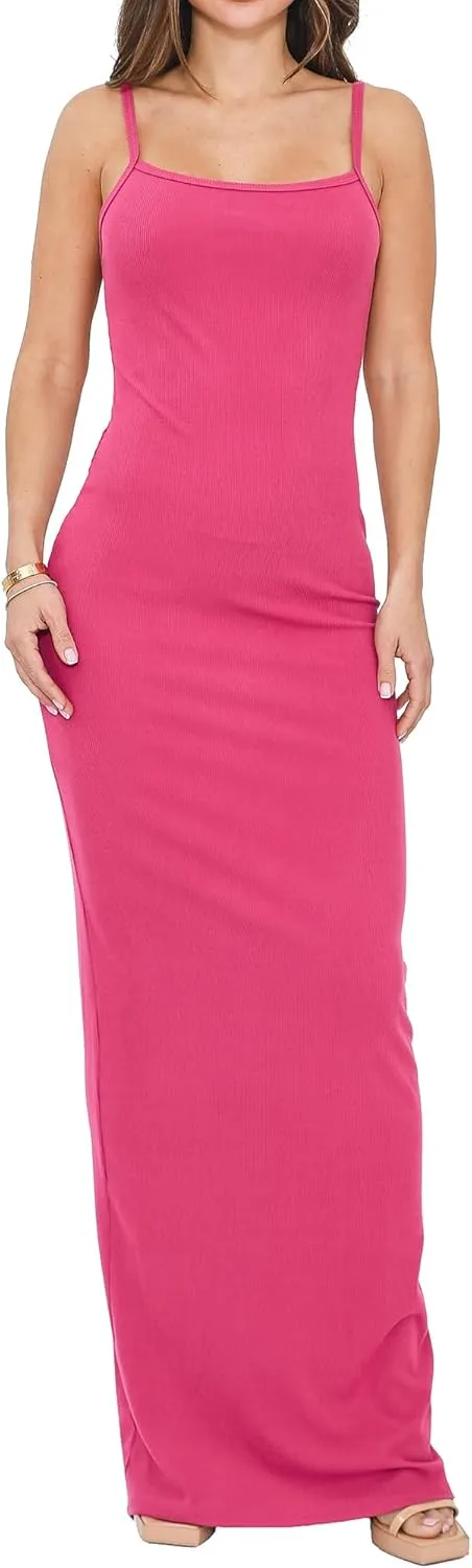 Womens Casual Slip Long Maxi Dress Spaghetti Strap Summer Vacation Ribbed Bodycon Lounge Dresses