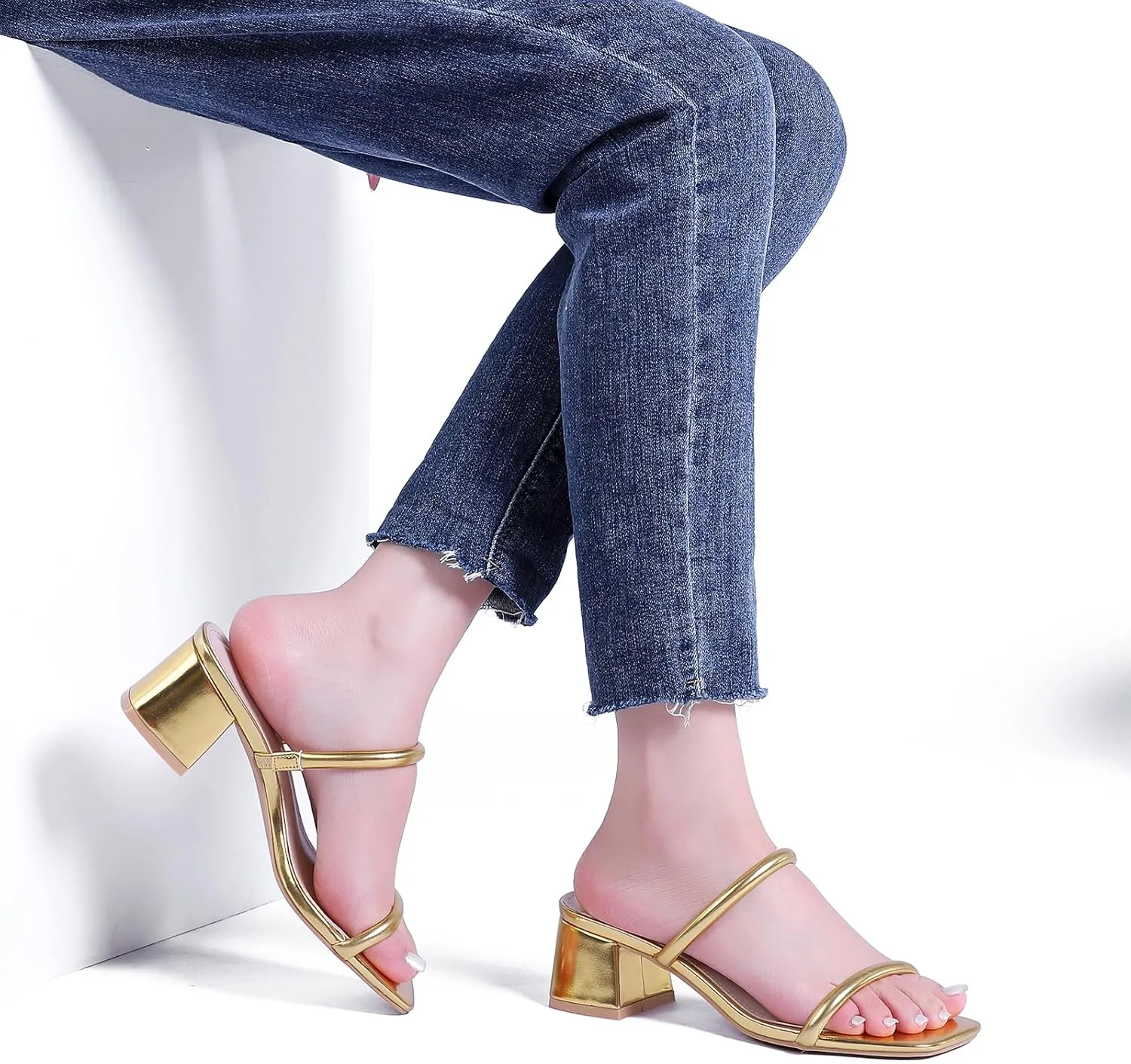Women's Chunky Block Low Heeled Sandals Two Strap Square Open Toe Slip On Mule Heels