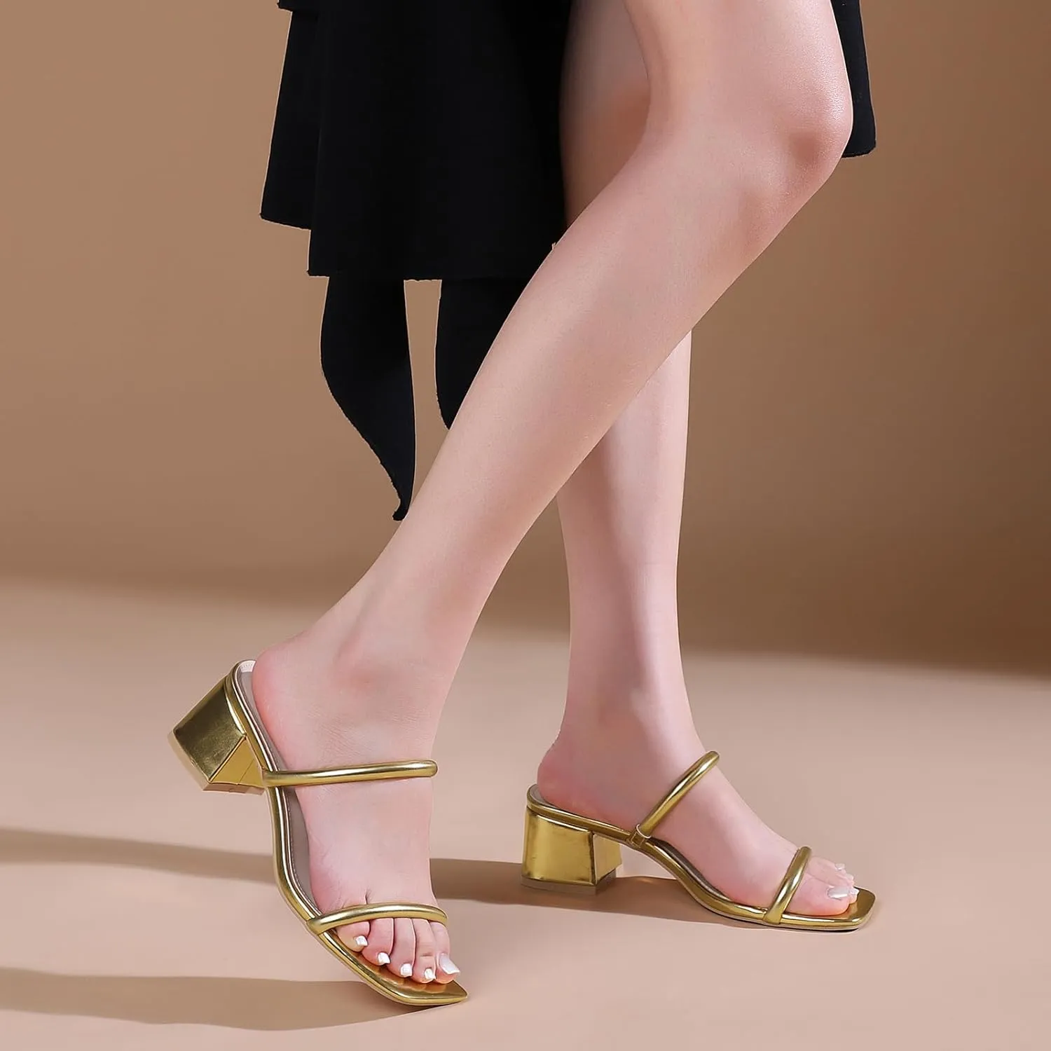 Women's Chunky Block Low Heeled Sandals Two Strap Square Open Toe Slip On Mule Heels