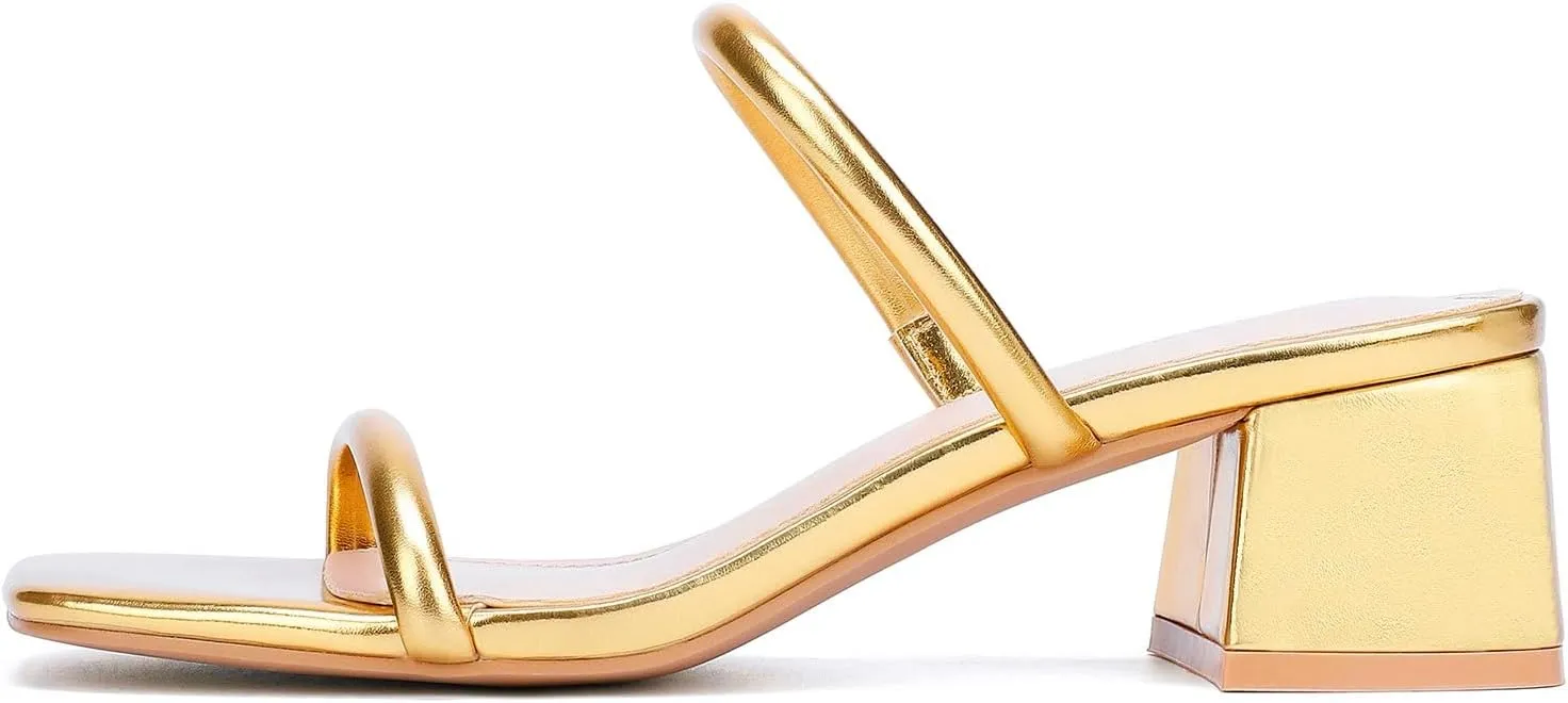 Women's Chunky Block Low Heeled Sandals Two Strap Square Open Toe Slip On Mule Heels