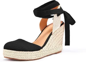 Women's Espadrille Wedge Sandals Closed Toe Lace Up Platform Ankle Wrap Summer Casual Shoes