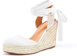 Women's Espadrille Wedge Sandals Closed Toe Lace Up Platform Ankle Wrap Summer Casual Shoes