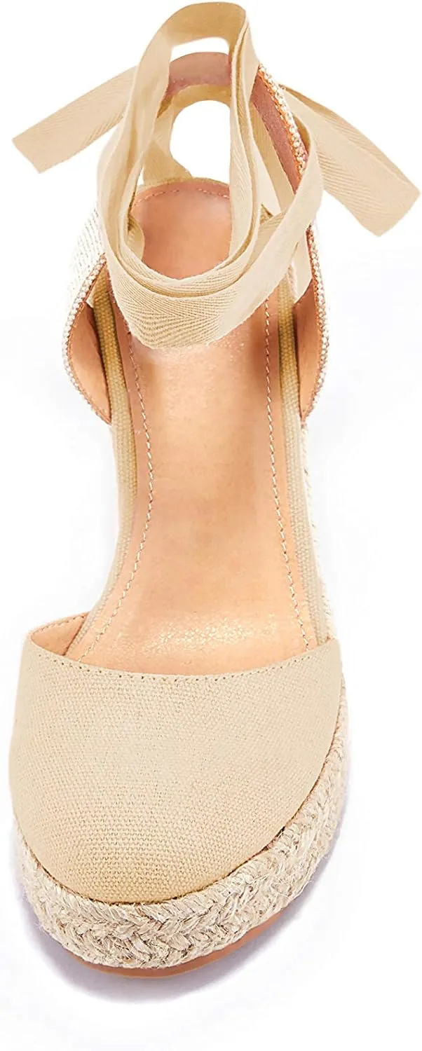 Women's Espadrille Wedge Sandals Closed Toe Lace Up Platform Ankle Wrap Summer Casual Shoes