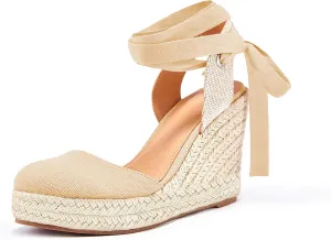 Women's Espadrille Wedge Sandals Closed Toe Lace Up Platform Ankle Wrap Summer Casual Shoes