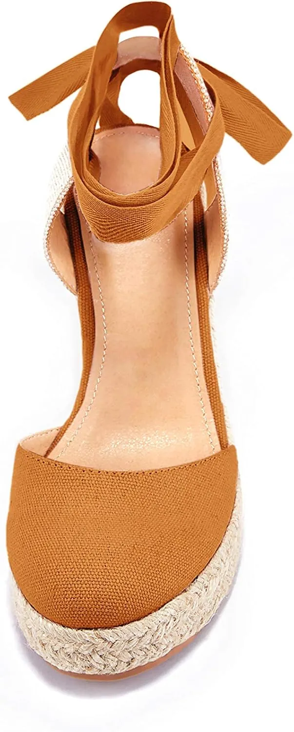 Women's Espadrille Wedge Sandals Closed Toe Lace Up Platform Ankle Wrap Summer Casual Shoes