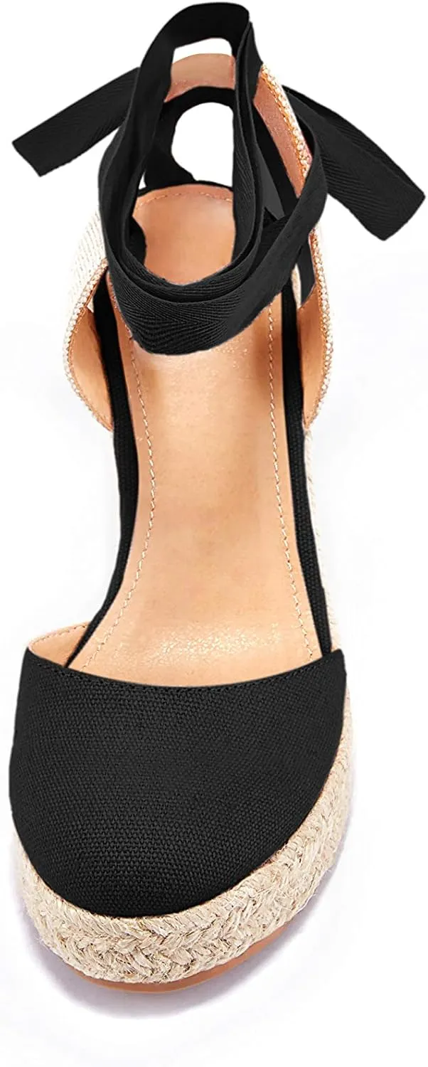 Women's Espadrille Wedge Sandals Closed Toe Lace Up Platform Ankle Wrap Summer Casual Shoes