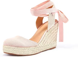 Women's Espadrille Wedge Sandals Closed Toe Lace Up Platform Ankle Wrap Summer Casual Shoes
