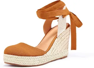 Women's Espadrille Wedge Sandals Closed Toe Lace Up Platform Ankle Wrap Summer Casual Shoes
