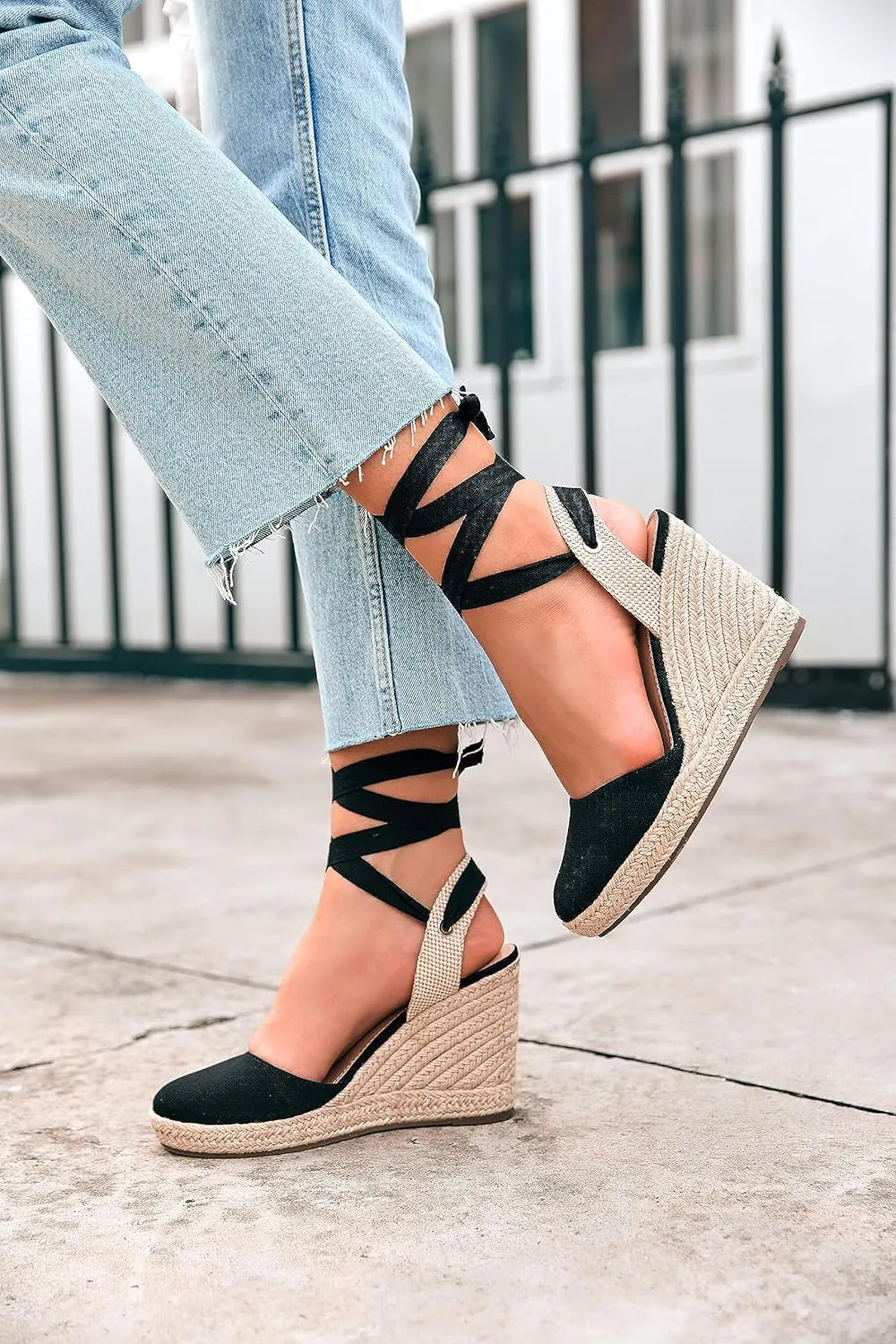 Women's Espadrille Wedge Sandals Closed Toe Lace Up Platform Ankle Wrap Summer Casual Shoes