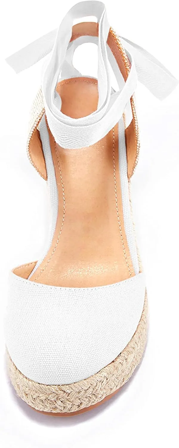 Women's Espadrille Wedge Sandals Closed Toe Lace Up Platform Ankle Wrap Summer Casual Shoes