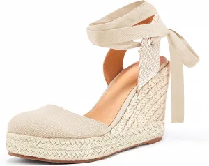 Women's Espadrille Wedge Sandals Closed Toe Lace Up Platform Ankle Wrap Summer Casual Shoes