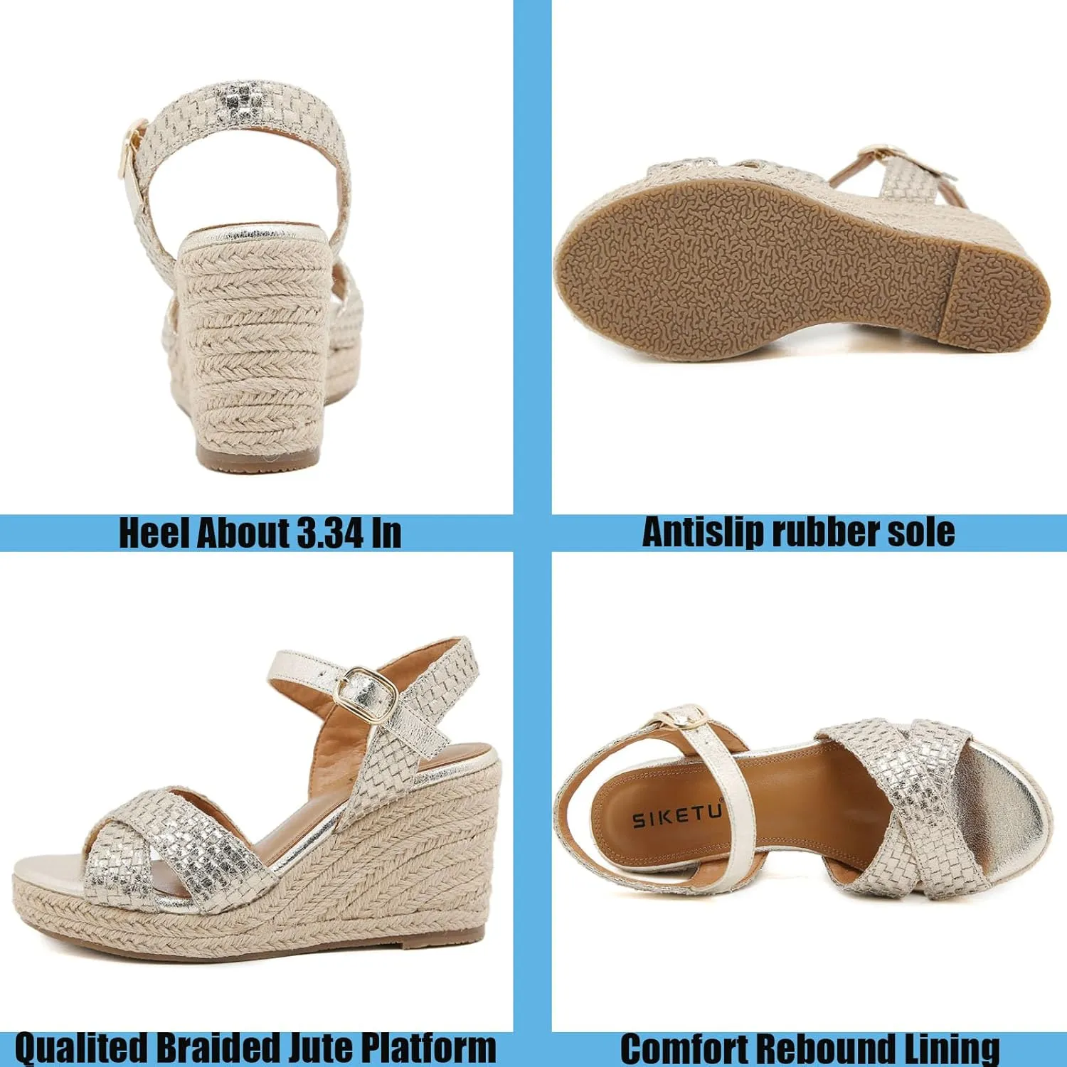 Womens Espadrille Wedge Sandals Heels Platform Braided Ankle Strap Buckle Open Toe Platform Summer Party Dress Sandals For Beach Walking Party
