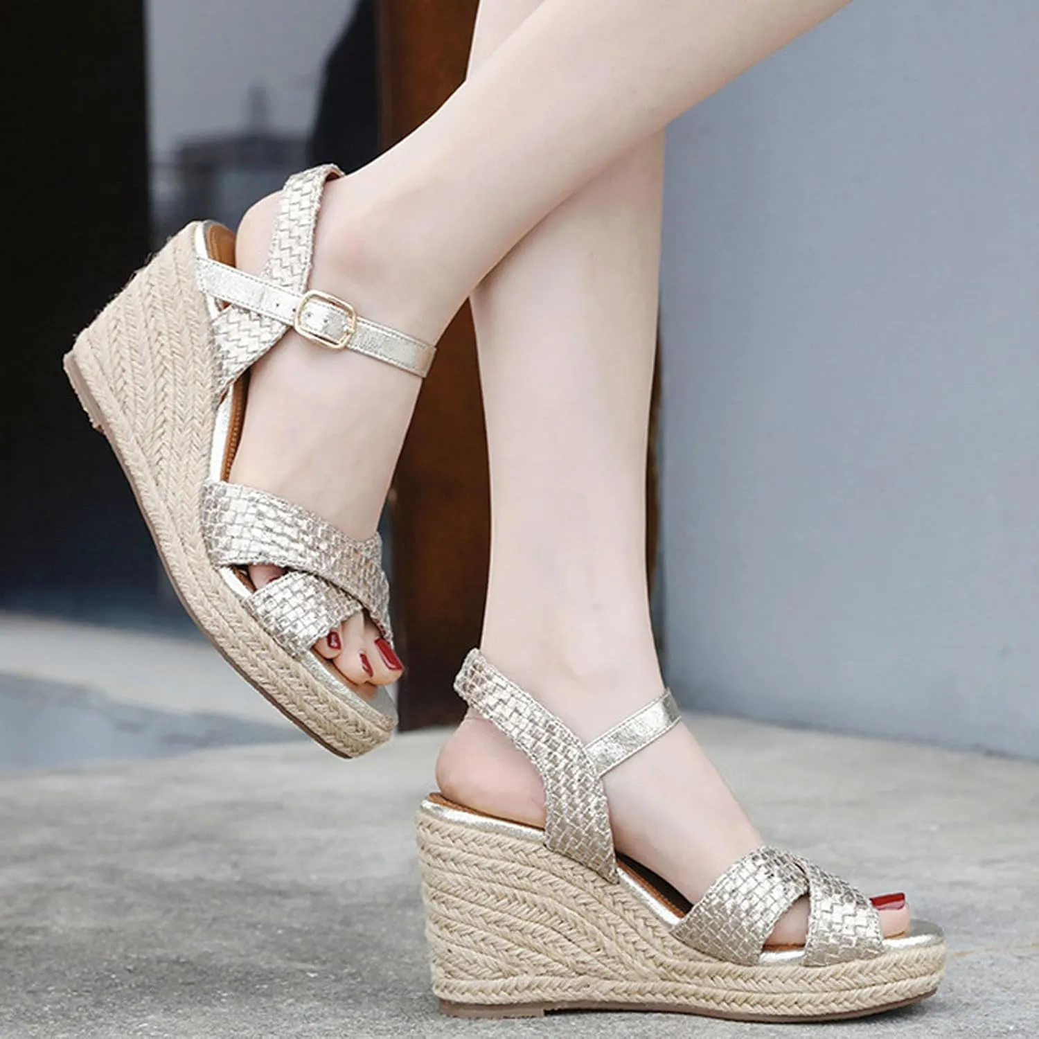 Womens Espadrille Wedge Sandals Heels Platform Braided Ankle Strap Buckle Open Toe Platform Summer Party Dress Sandals For Beach Walking Party