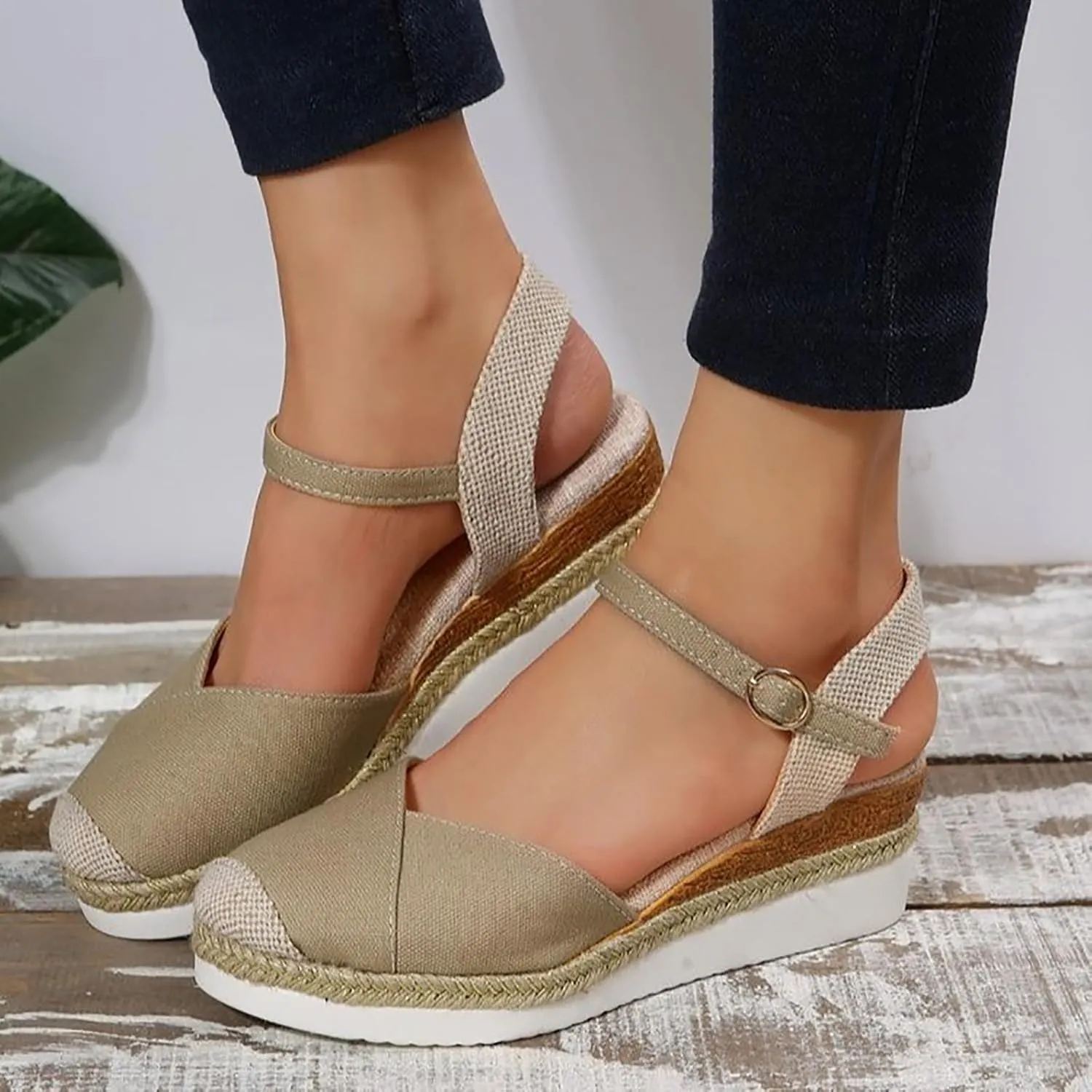 Women's Espadrilles Platform Wedge Sandals, Summer Closed Toe Buckle Ankle Strap Beach Comfortable Walking Shoes
