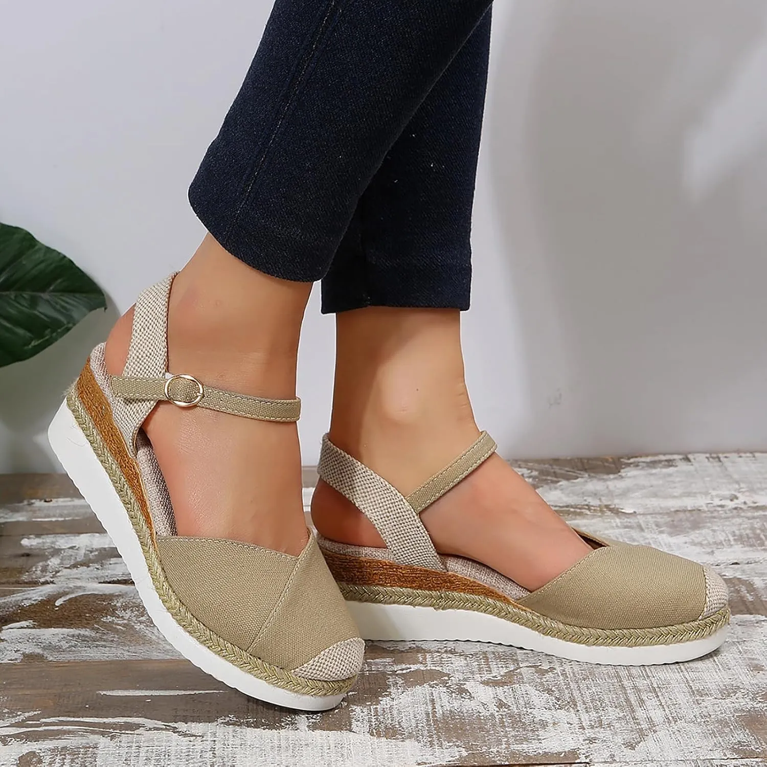 Women's Espadrilles Platform Wedge Sandals, Summer Closed Toe Buckle Ankle Strap Beach Comfortable Walking Shoes