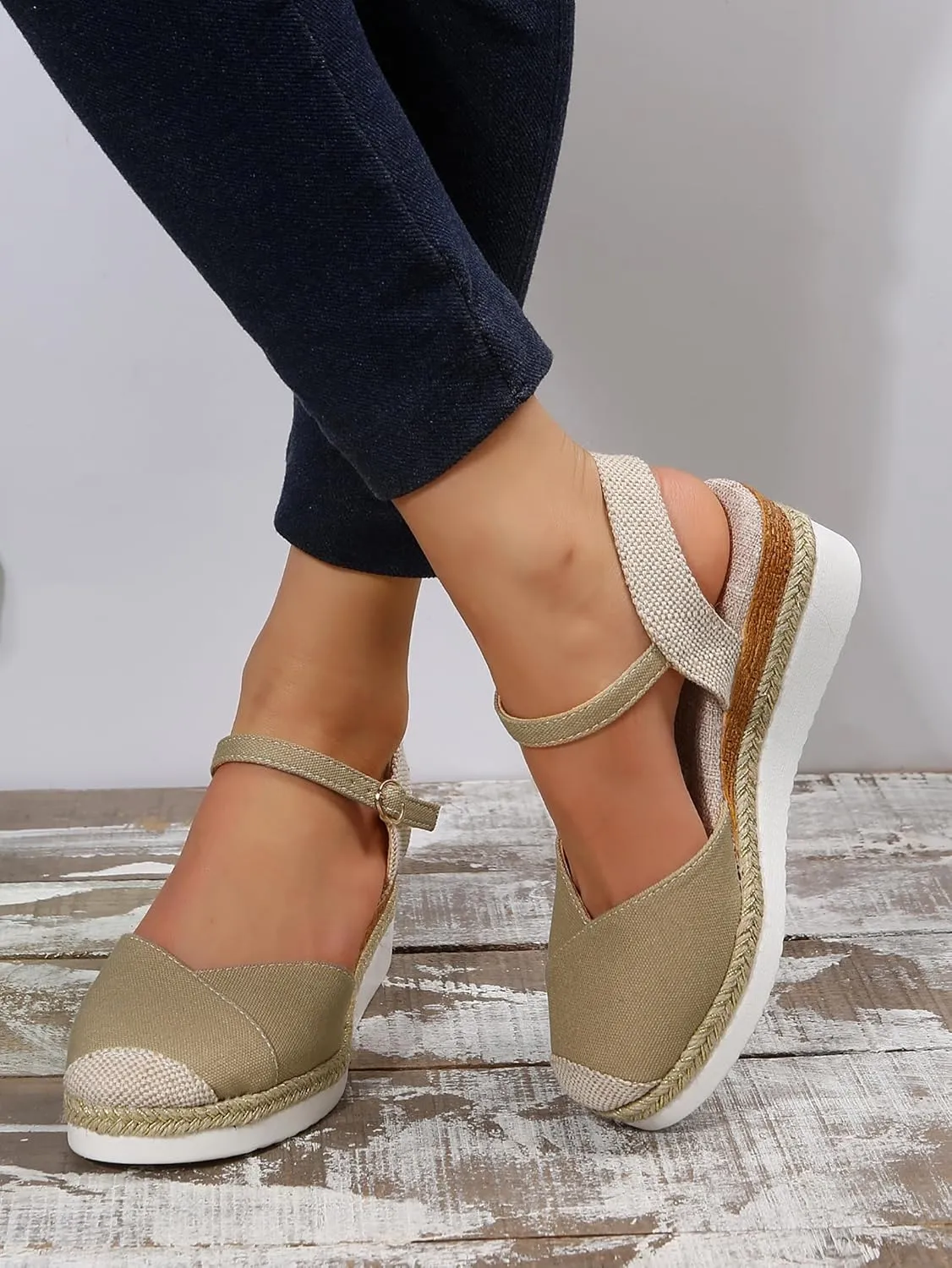 Women's Espadrilles Platform Wedge Sandals, Summer Closed Toe Buckle Ankle Strap Beach Comfortable Walking Shoes