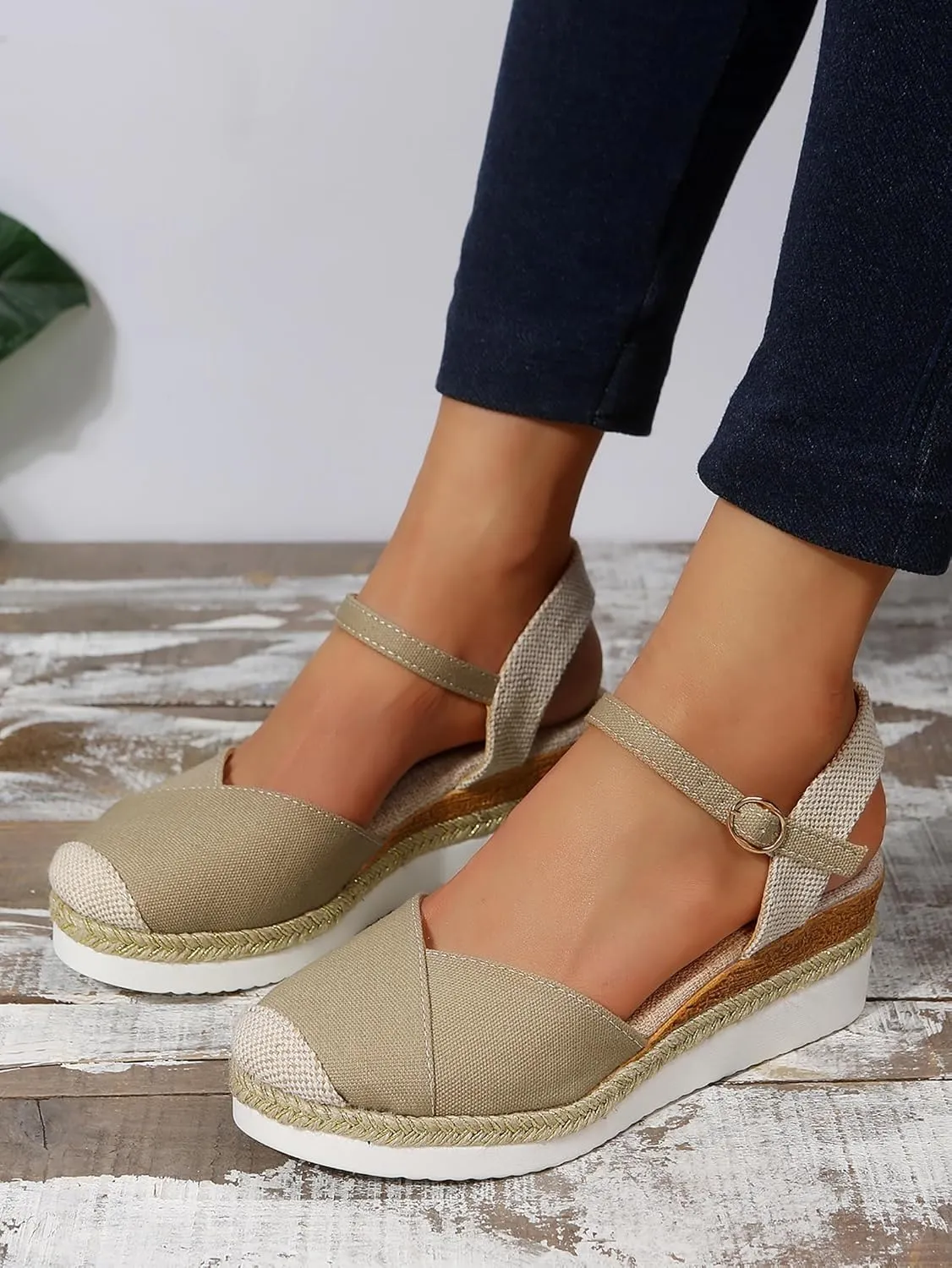 Women's Espadrilles Platform Wedge Sandals, Summer Closed Toe Buckle Ankle Strap Beach Comfortable Walking Shoes
