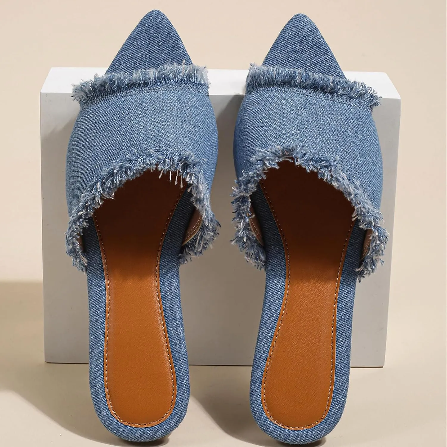 Women's Fashion Denim Cloth Flat Slides Sandals Summer Fish Mouth Open Toe Tassel Comfort Soft Slip On Outdoor Slipper Walking Beach Casual Sandals