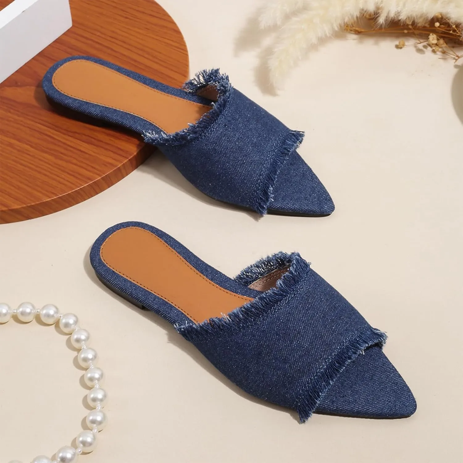 Women's Fashion Denim Cloth Flat Slides Sandals Summer Fish Mouth Open Toe Tassel Comfort Soft Slip On Outdoor Slipper Walking Beach Casual Sandals