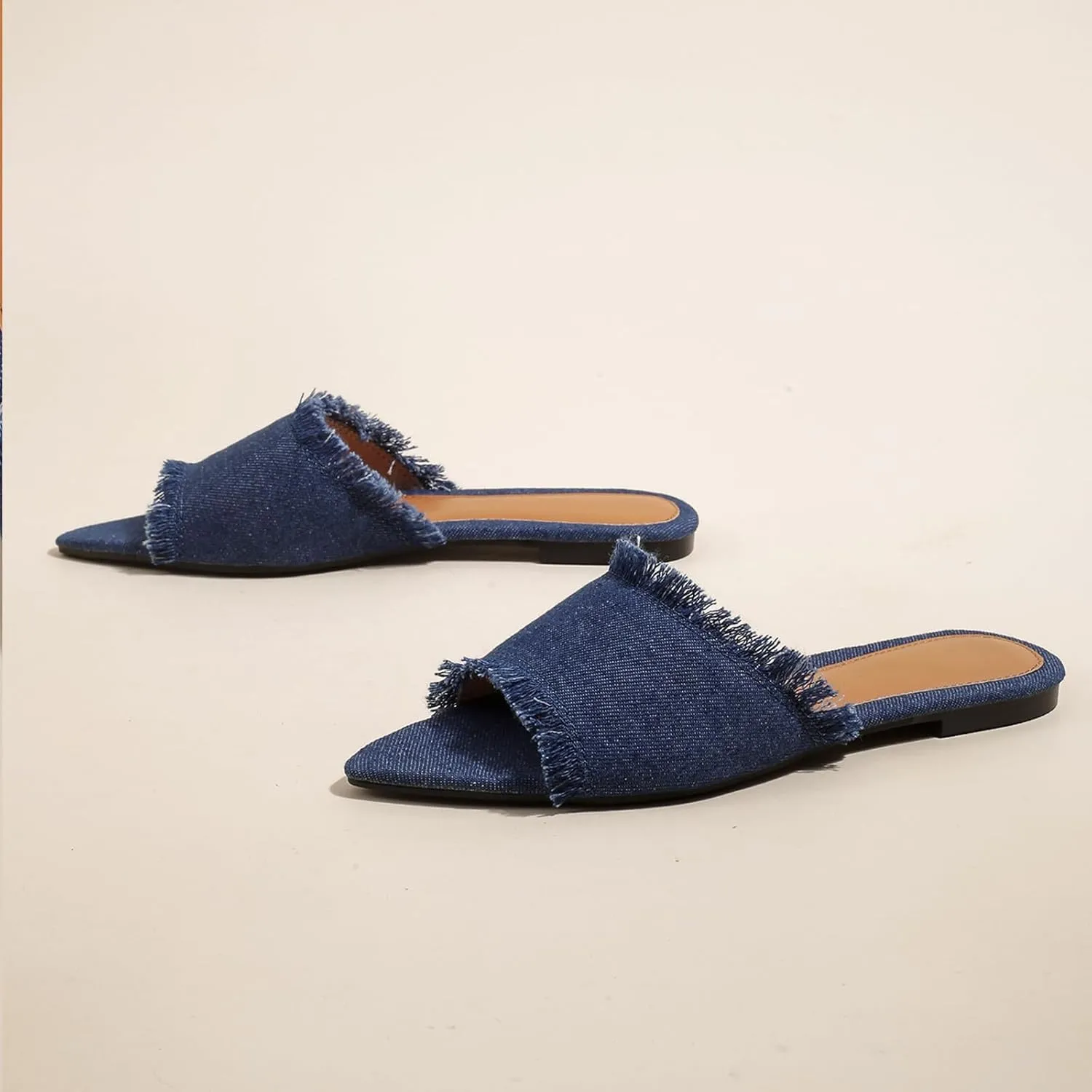 Women's Fashion Denim Cloth Flat Slides Sandals Summer Fish Mouth Open Toe Tassel Comfort Soft Slip On Outdoor Slipper Walking Beach Casual Sandals