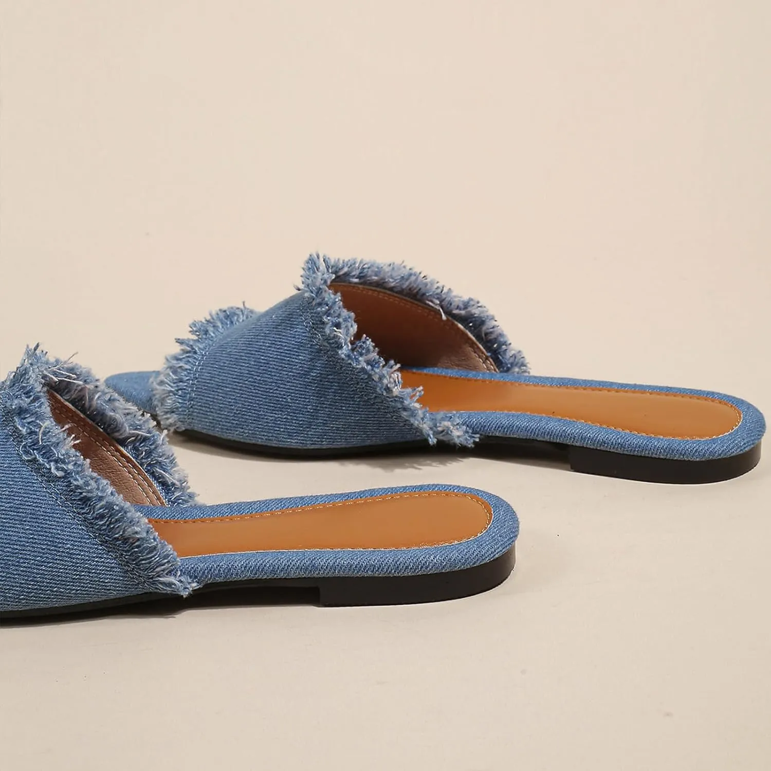 Women's Fashion Denim Cloth Flat Slides Sandals Summer Fish Mouth Open Toe Tassel Comfort Soft Slip On Outdoor Slipper Walking Beach Casual Sandals