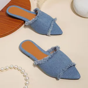 Women's Fashion Denim Cloth Flat Slides Sandals Summer Fish Mouth Open Toe Tassel Comfort Soft Slip On Outdoor Slipper Walking Beach Casual Sandals