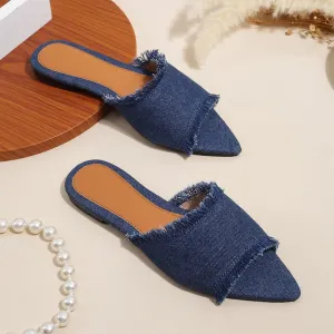 Women's Fashion Denim Cloth Flat Slides Sandals Summer Fish Mouth Open Toe Tassel Comfort Soft Slip On Outdoor Slipper Walking Beach Casual Sandals
