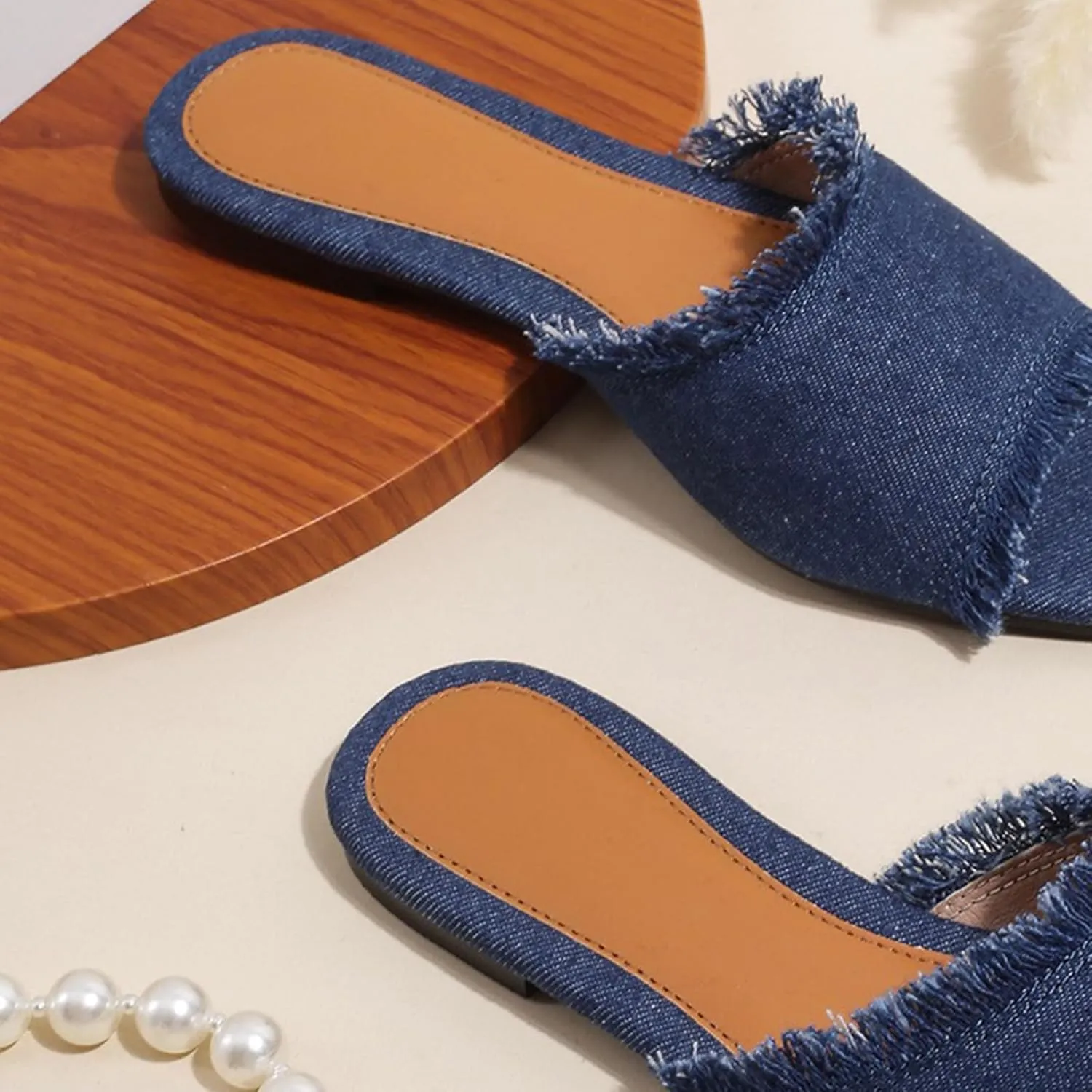 Women's Fashion Denim Cloth Flat Slides Sandals Summer Fish Mouth Open Toe Tassel Comfort Soft Slip On Outdoor Slipper Walking Beach Casual Sandals