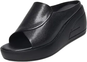 Women's Fish Mouth Platform Wedge Slippers,Lightweight Comfy Backless Mules Open Toe Non-slip Softsole Boho Beach Sandals
